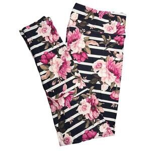 NWT LuLaRoe Black And White Striped Leggings With Roses Pattern Size TC (12-18)